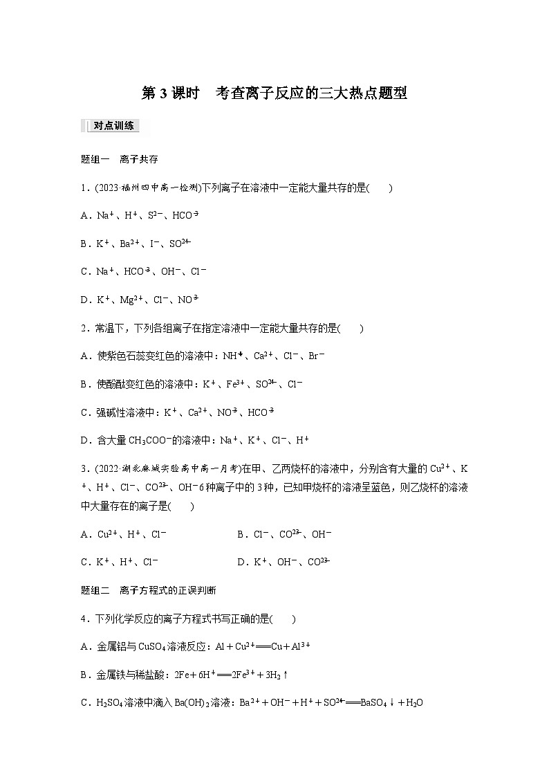 第一章　第二节　第3课时　考查离子反应的三大热点题型  课时练  （含答案）—2023-2024学年（人教版2019）高中化学必修101