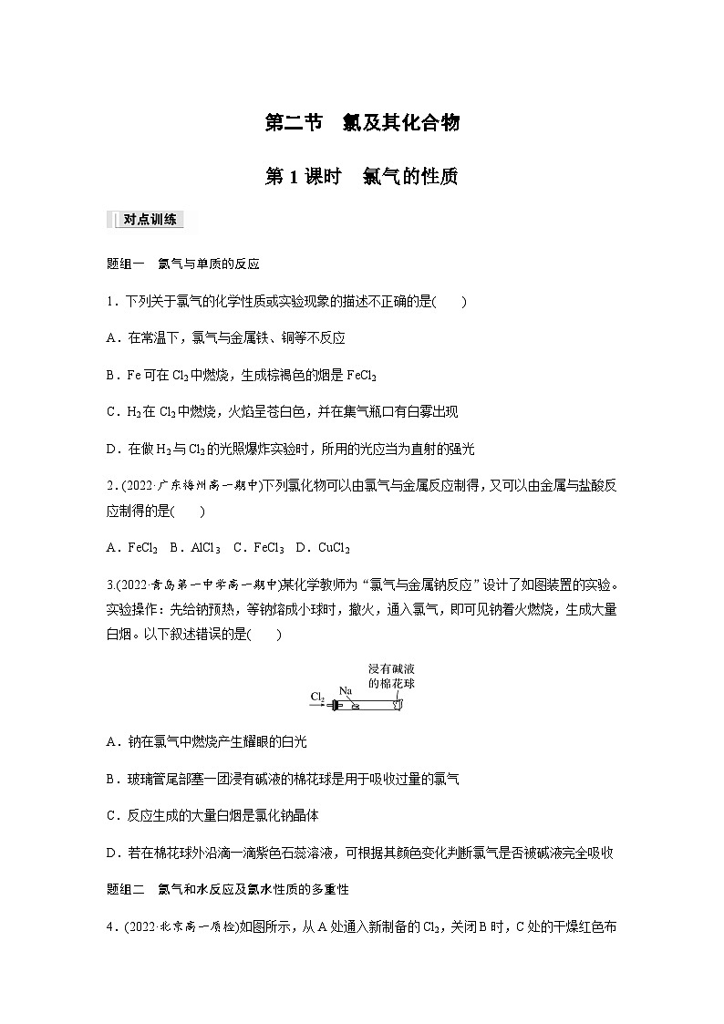 第二章　第二节　第1课时　氯气的性质  课时练  （含答案）—2023-2024学年（人教版2019）高中化学必修1第1页