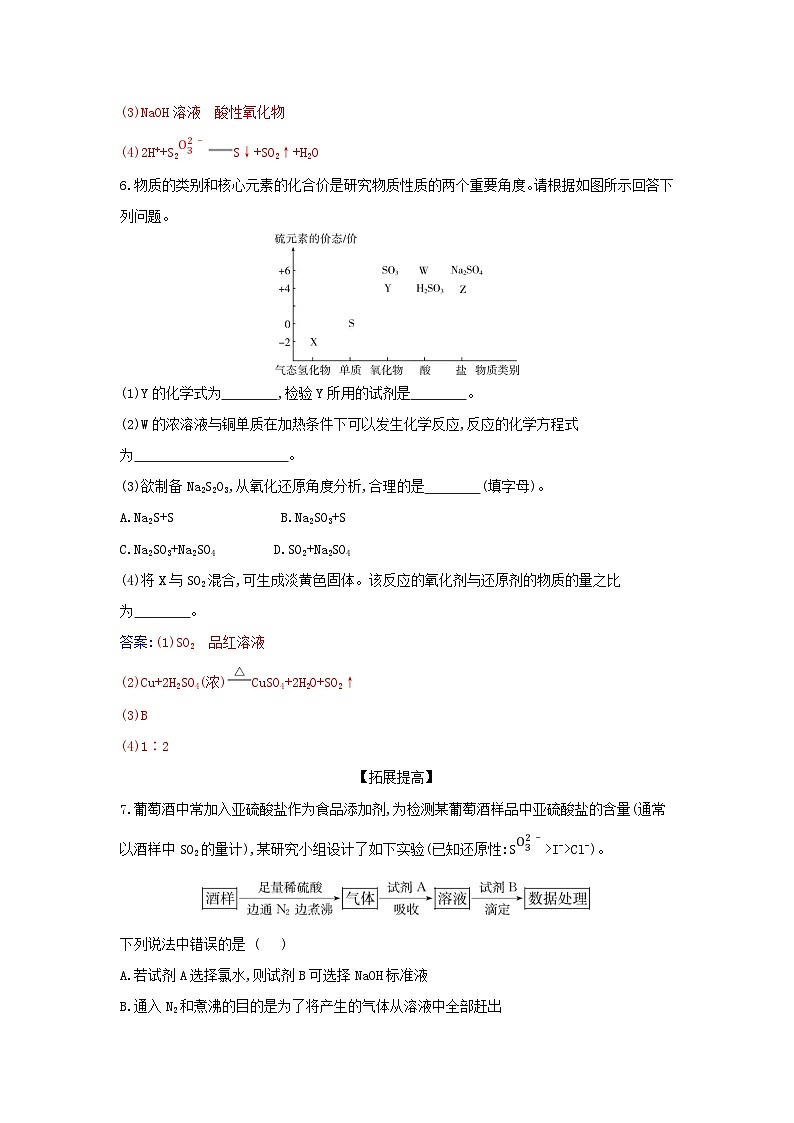 新教材2023高中化学第五章化工生产中的重要非金属元素第一节硫及其化合物课时3不同价态含硫物质的转化同步测试新人教版必修第二册第3页