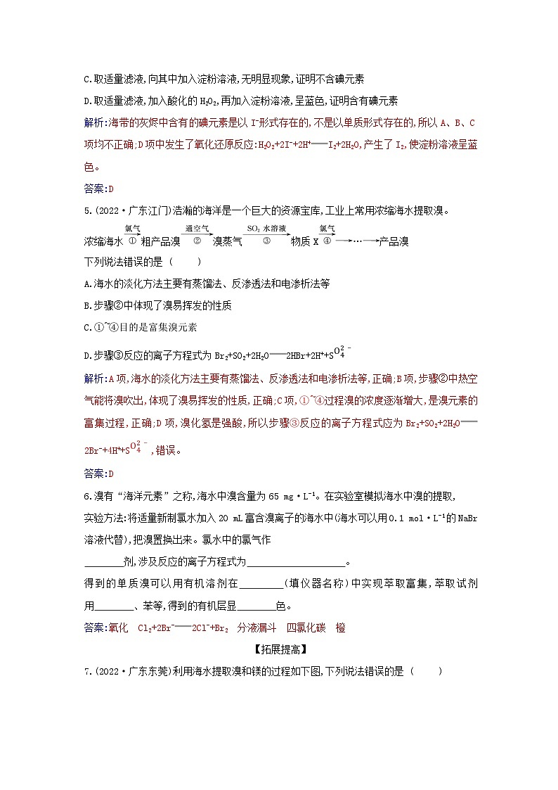 新教材2023高中化学第八章化学与可持续发展第一节自然资源的开发利用课时2海水资源的开发利用同步测试新人教版必修第二册第2页