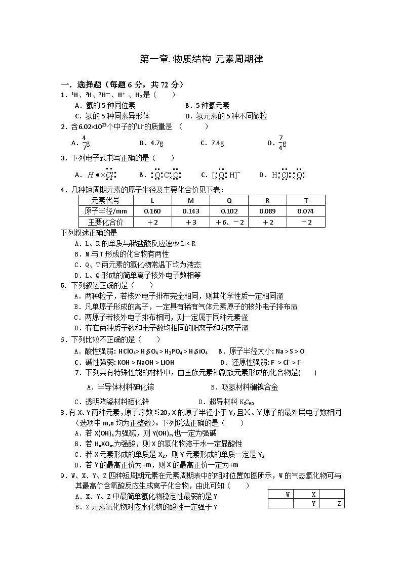 2022年高中化学必修2暑假同步检测：第一章物质结构 元素周期律单元复习+Word版含答案01