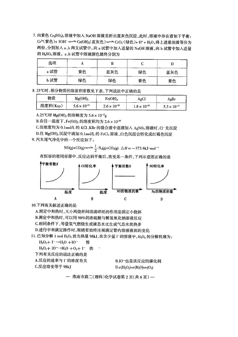安徽省淮南市2015-2016学年高二上学期期末考试化学（理）试题（扫描版）02
