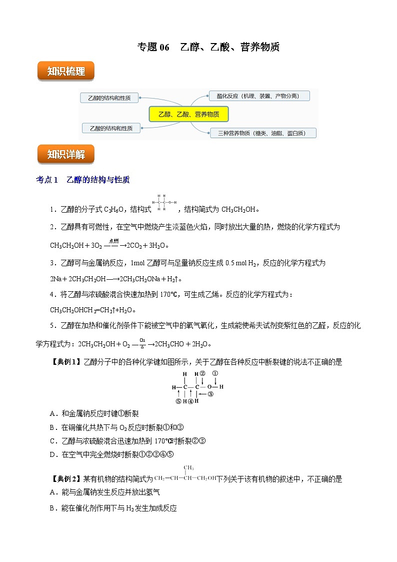 专题06  乙醇、乙酸、营养物质（知识串讲+专项练习）-2023-2024学年高一化学下学期期末考点大串讲（沪科版必修第二册）01