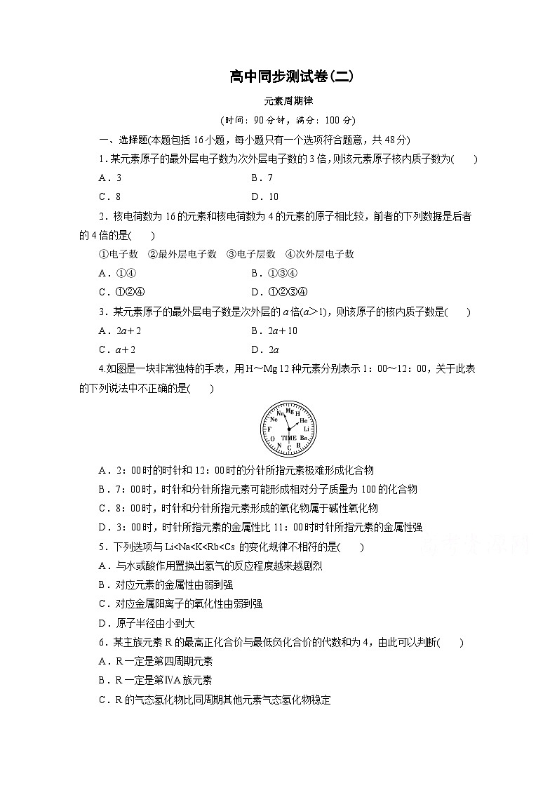 2022年高中化学必修2暑假同步测试卷（二）元素周期律 Word版含答案01