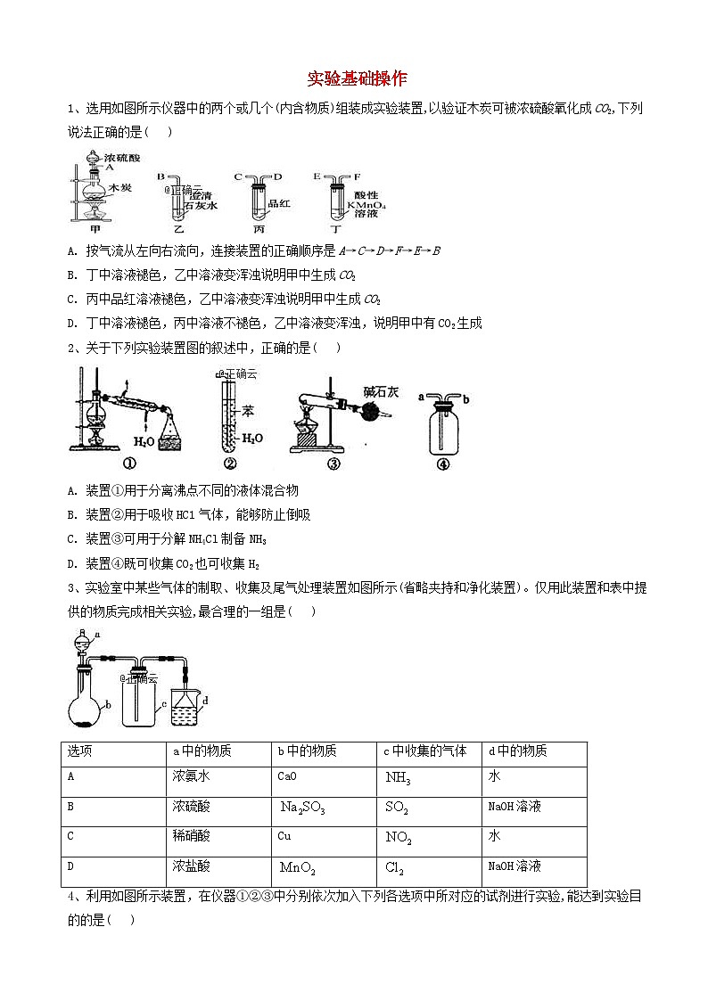 高考化学高频考点小题突破训练10实验基础操作 含解析01