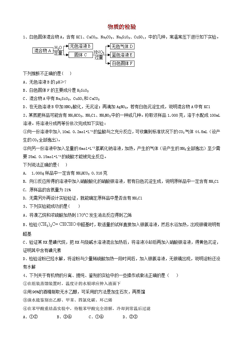 高考化学高频考点小题突破训练13物质的检验 含解析01