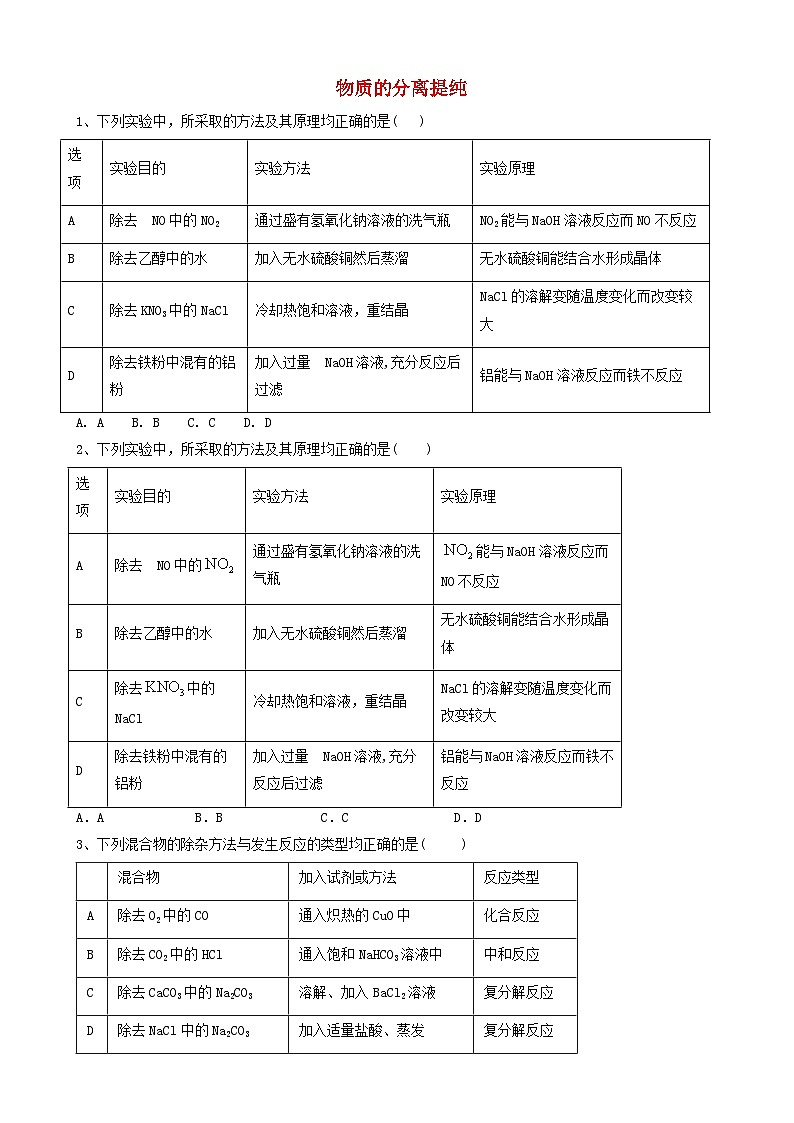 高考化学高频考点小题突破训练14物质的分离提纯 含解析01