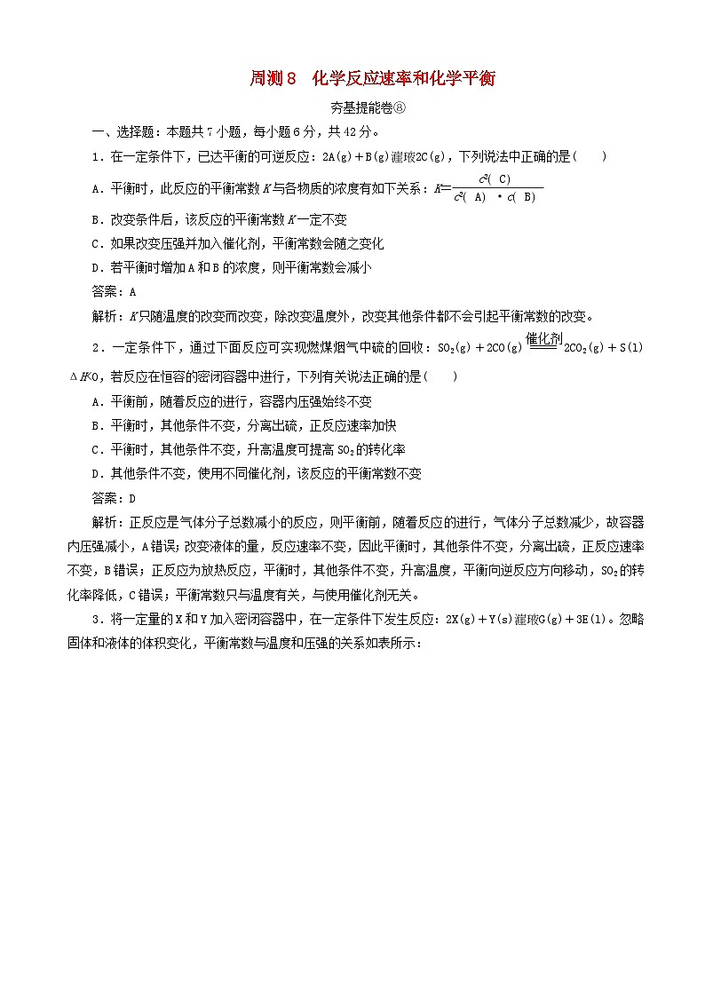高考化学一轮复习全程训练计划周测8化学反应速率和化学平衡 含解析01