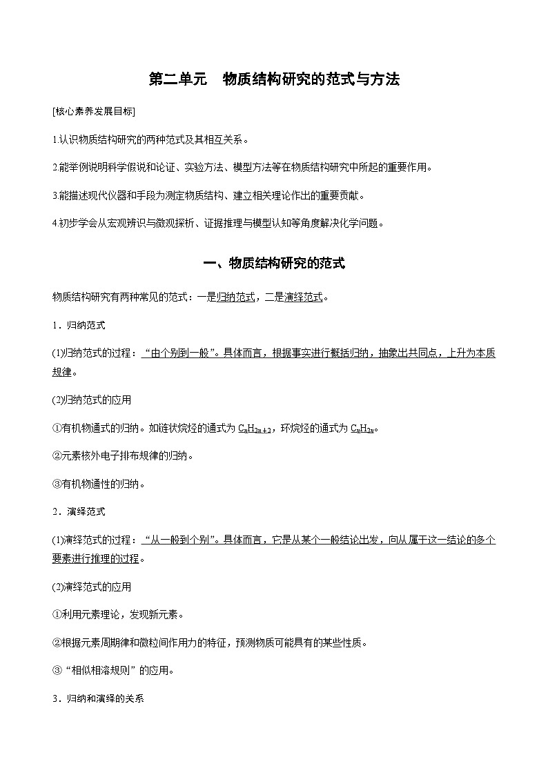 高中化学苏教版（2021） 选择性必修2 专题1 第二单元　物质结构研究的范式与方法-同步学案01