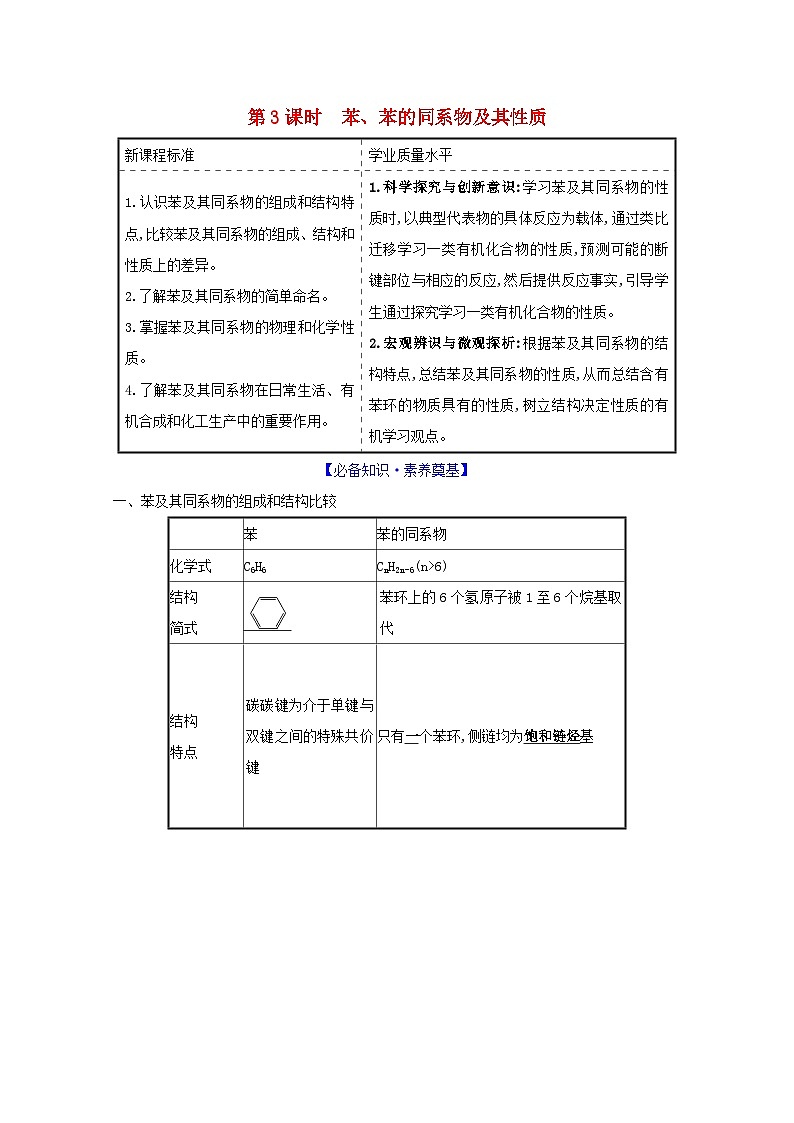 2020_2021学年新教材高中化学第1章有机化合物的结构与性质烃3.3苯苯的同系物及其性质学案鲁科版选择性必修3第1页