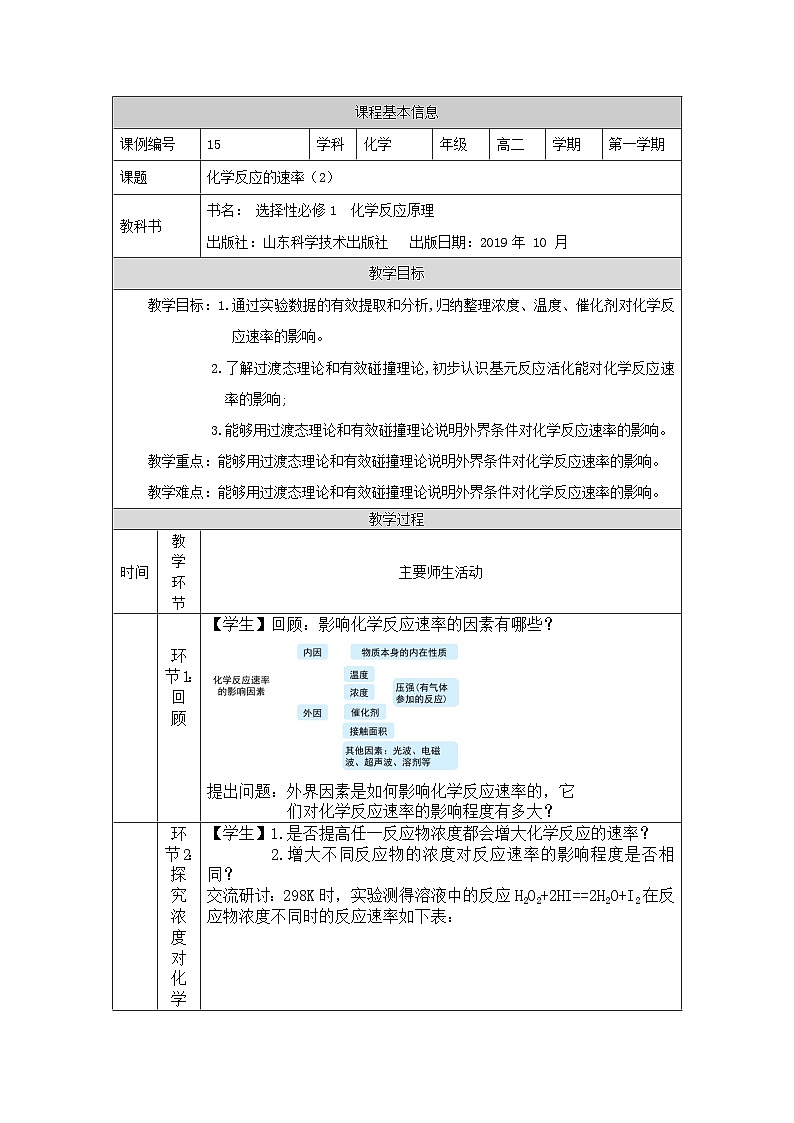 鲁科版2019 高中化学 选修一2.3 化学反应的速率 教案（2课时）01