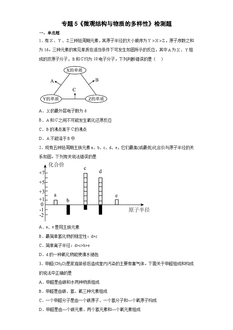 苏教版2019 高中化学 必修一 专题5  微观结构与物质的多样性  检测题    （含解析）01