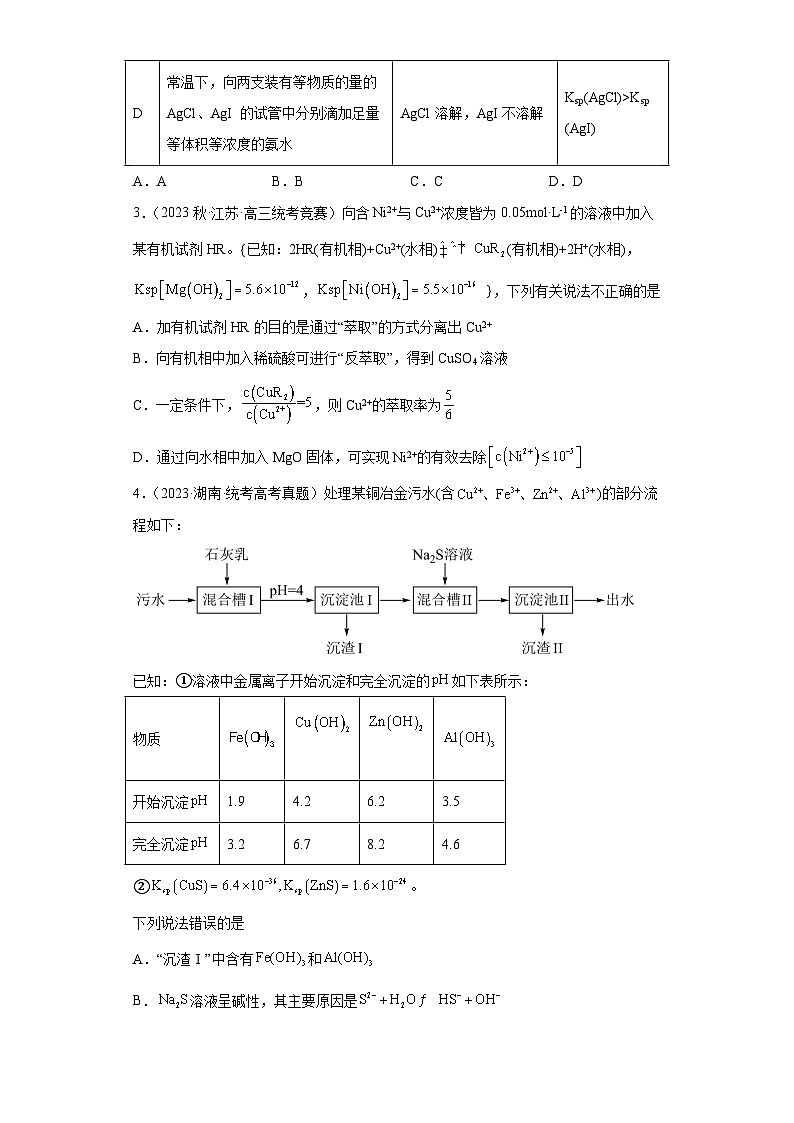 2024届高三新高考化学大一轮专题练习-沉淀溶解平衡02