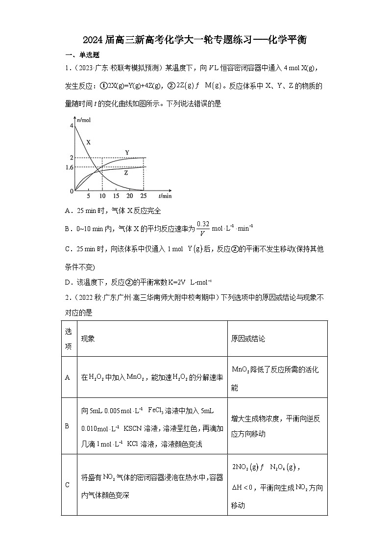 2024届高三新高考化学大一轮专题练习---化学平衡第1页