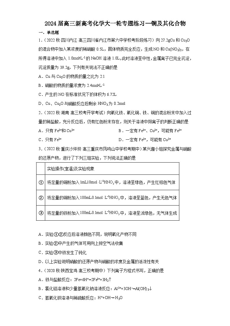 2024届高三新高考化学大一轮专题练习--铜及其化合物第1页