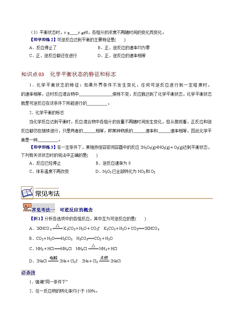 6.2.1  化学平衡（第1课时 可逆反应和化学平衡状态）-2023-2024学年度高一化学同步精品讲义（沪科版必修第二册）02