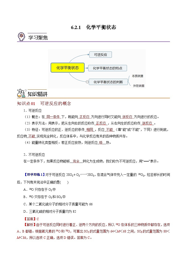 6.2.1  化学平衡（第1课时 可逆反应和化学平衡状态）-2023-2024学年度高一化学同步精品讲义（沪科版必修第二册）01