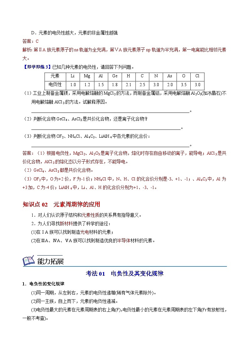 2.2.2 元素电负性的周期性变化-2023-2024学年度高二化学同步精品讲义（苏教选择性必修2）02