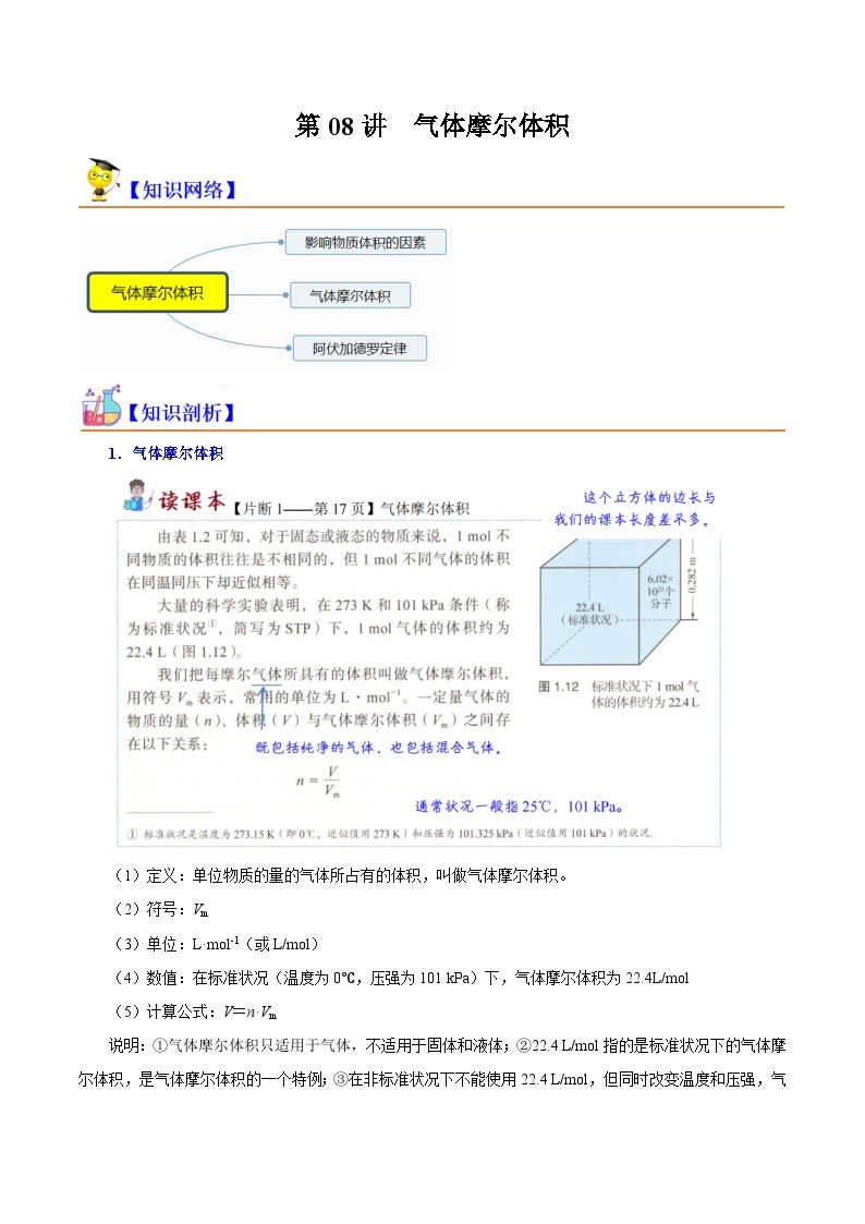 第08讲 气体摩尔体积-2023-2024学年新高一化学暑假精品课（沪科版必修第一册） 试卷01