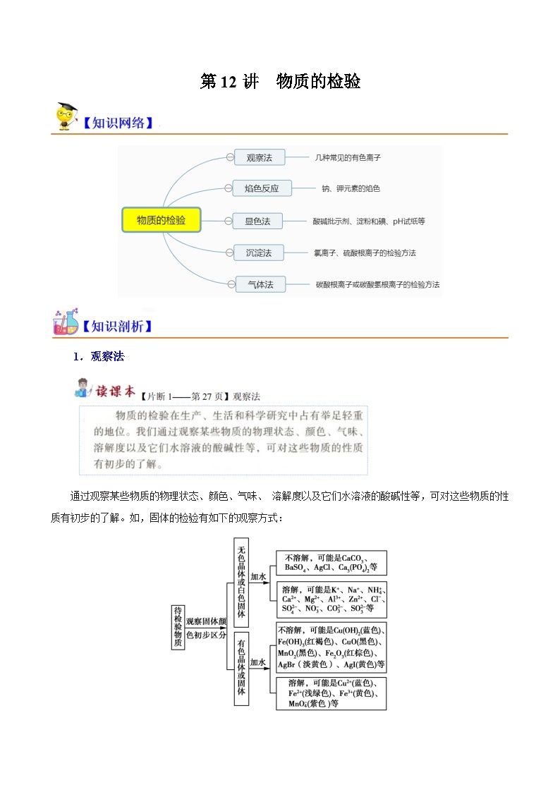 第12讲 物质的检验-2023-2024学年新高一化学暑假精品课（沪科版必修第一册）01
