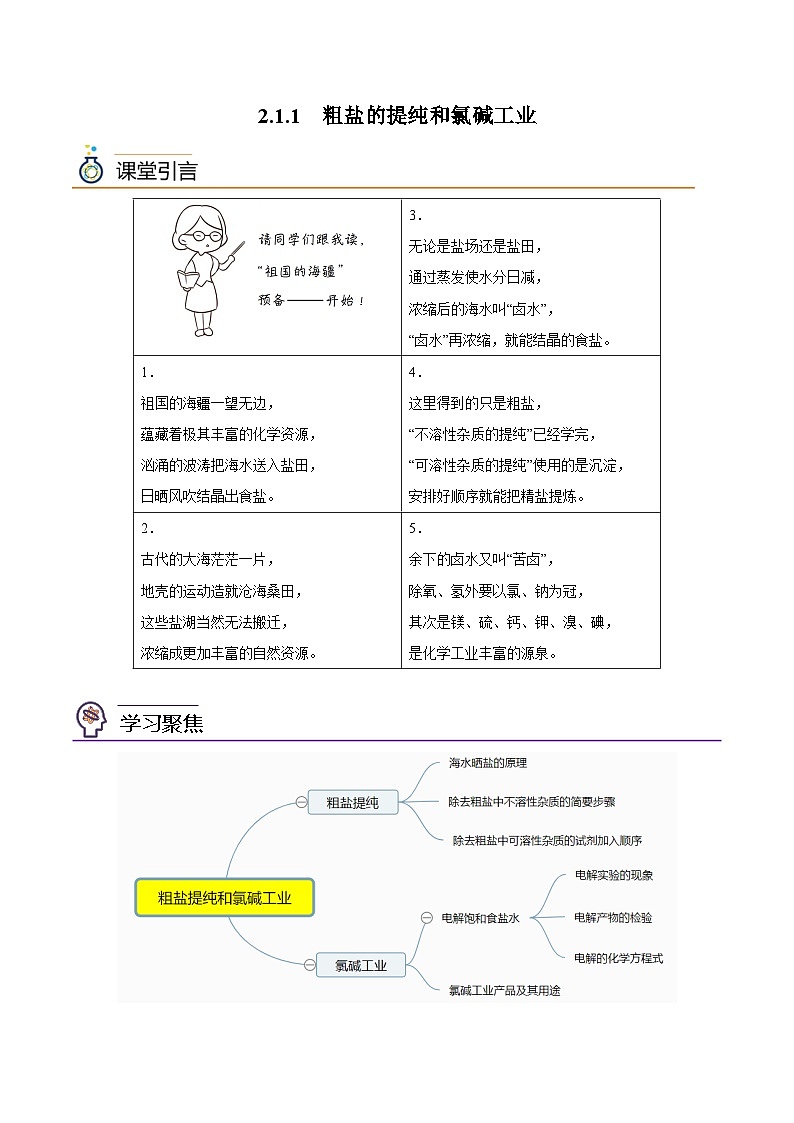 【同步讲义】高中化学（沪科版2020）必修第一册--2.1.1  粗盐的提纯和氯碱工业 讲义01