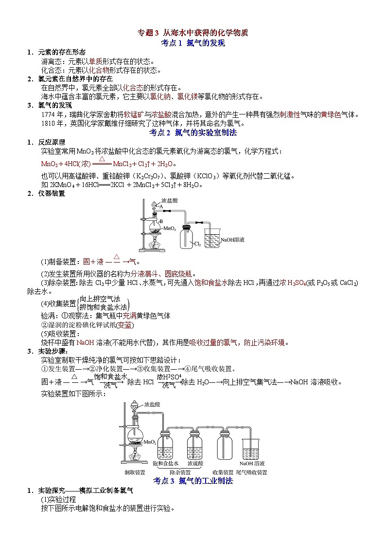 【同步知识点】高中化学（苏教版2019）必修第一册--专题3 从海水中获得的化学物质 知识清单01
