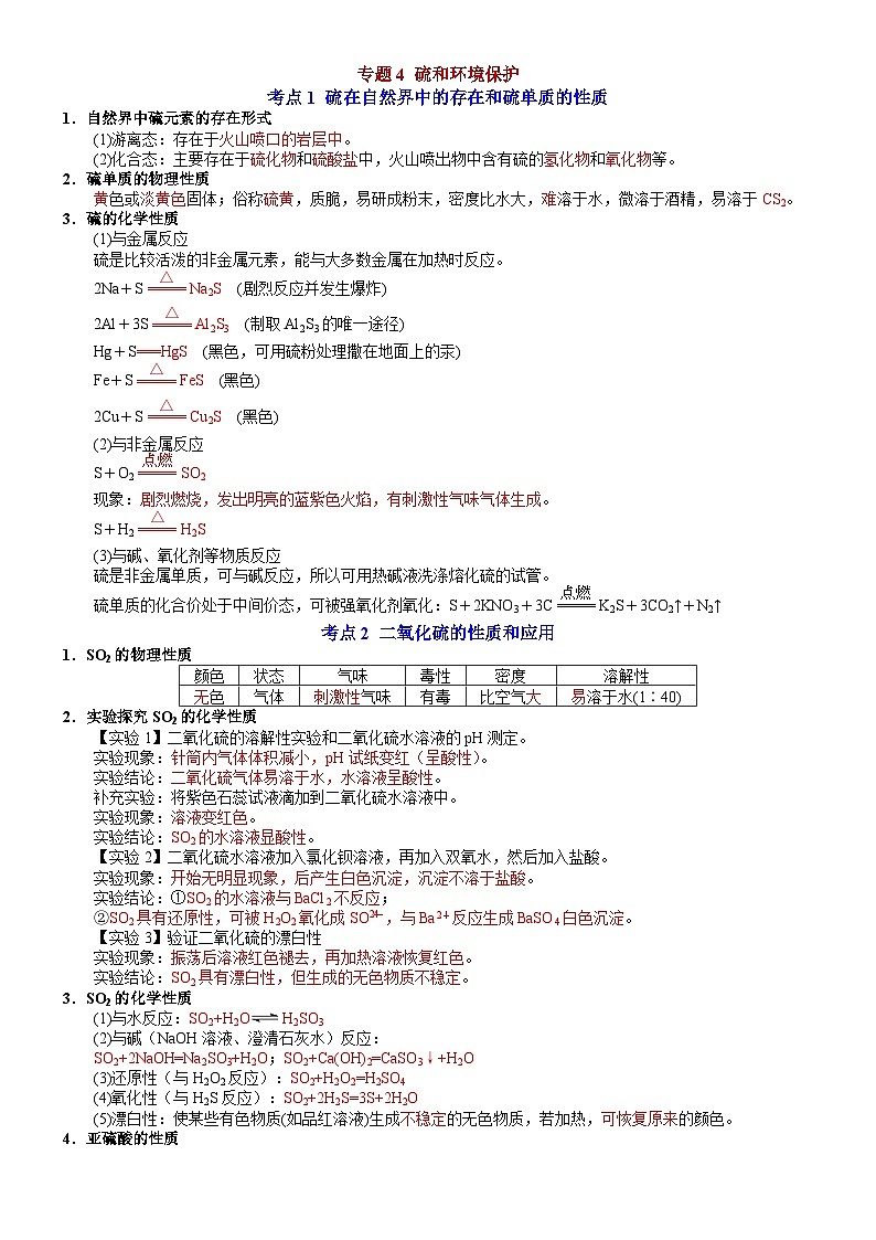 【同步知识点】高中化学（苏教版2019）必修第一册--专题4 硫和环境保护 知识清单01