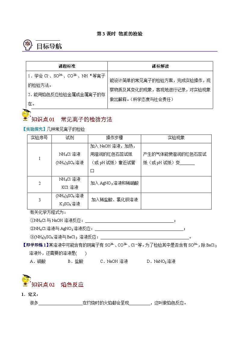【同步讲义】高中化学（苏教版2019）必修第一册--2.1.3 物质的检验 讲义01