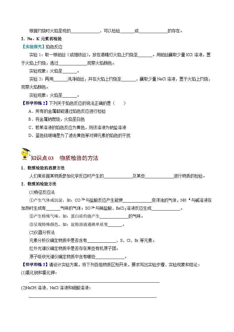【同步讲义】高中化学（苏教版2019）必修第一册--2.1.3 物质的检验 讲义02
