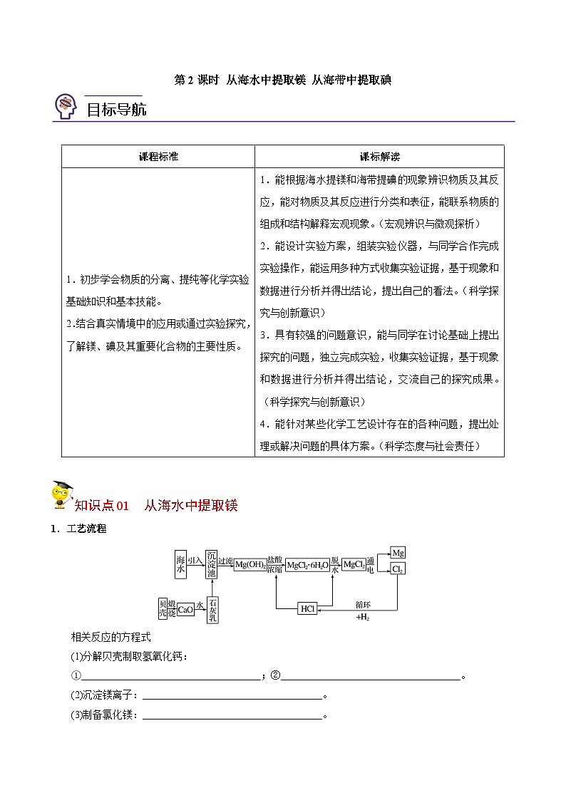 【同步讲义】高中化学（苏教版2019）必修第一册--3.3.2 从海水中提取镁 从海带中提取碘 讲义（学生版）第1页
