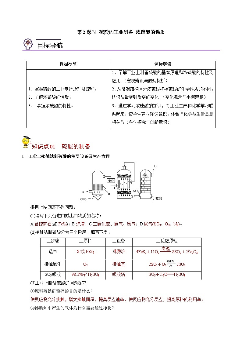 【同步讲义】高中化学（苏教版2019）必修第一册--4.1.2 硫酸的工业制备 浓硫酸的性质 讲义（教师版）第1页
