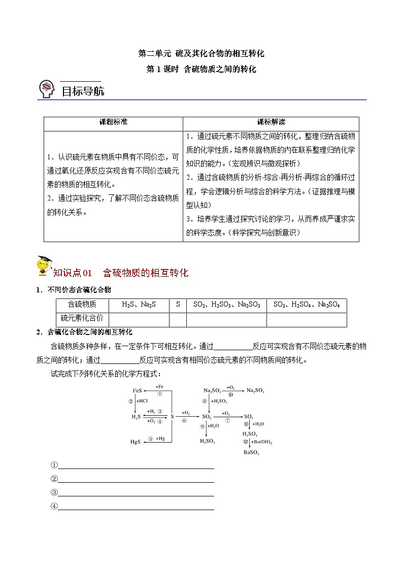 【同步讲义】高中化学（苏教版2019）必修第一册--4.2.1 含硫物质之间的转化 讲义01