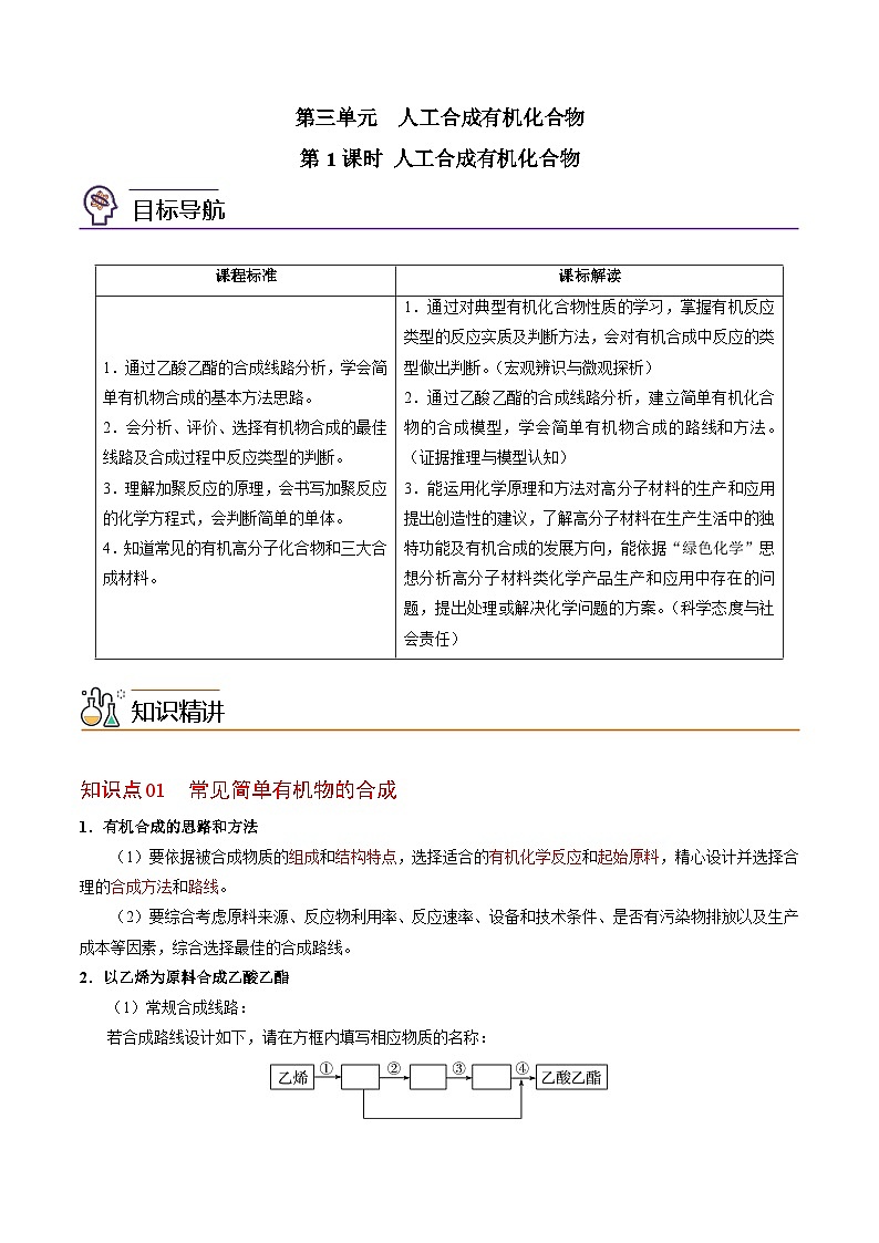 【同步讲义】高中化学（苏教版2019）必修第二册--8.3 人工合成有机化合物 讲义01