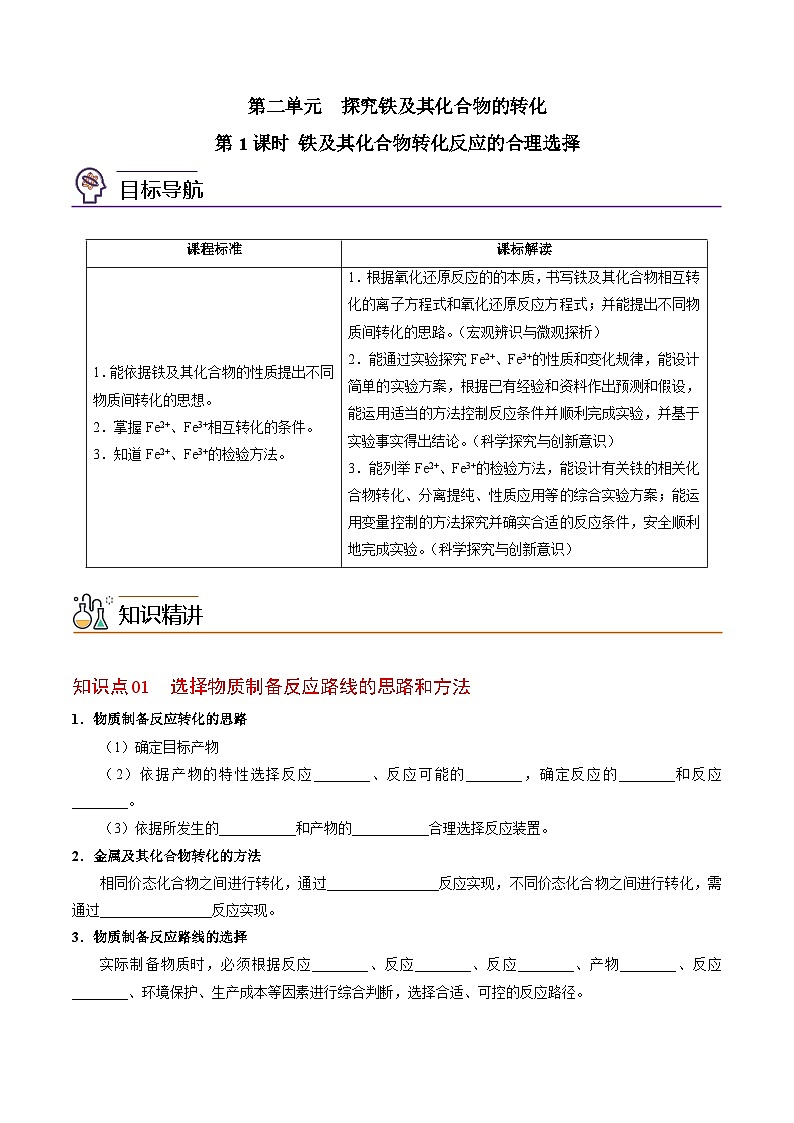 【同步讲义】高中化学（苏教版2019）必修第二册--9.2.1 铁及其化合物转化反应的合理选择 讲义（学生版）第1页