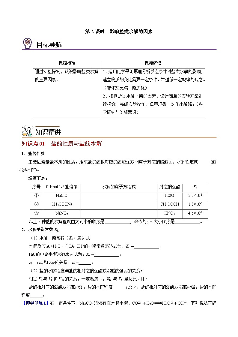 【同步讲义】高中化学（苏教版2019）选修第一册--3.3.2 影响盐类水解的因素 讲义01