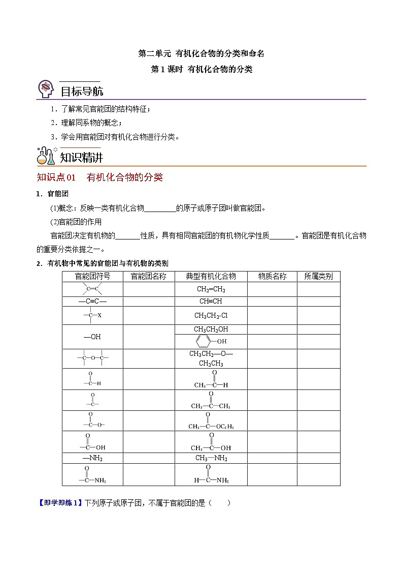 【同步讲义】高中化学（苏教版2019）选修第三册--2.2.1 有机化合物的分类 讲义01