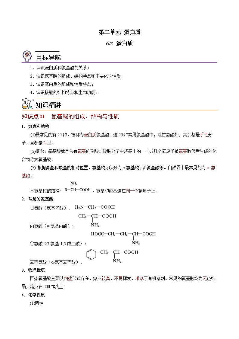 【同步讲义】高中化学（苏教版2019）选修第三册--6.2 蛋白质 讲义01
