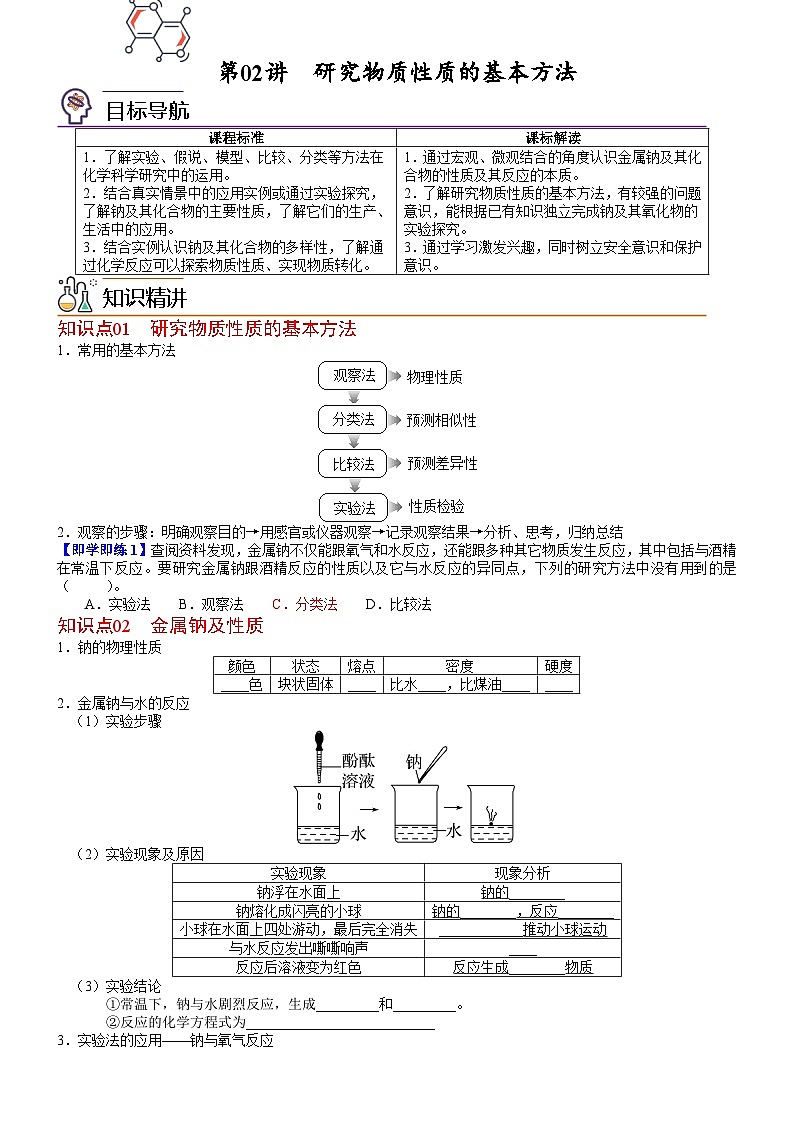 【同步讲义】高中化学（鲁科版2019）必修第一册--第02讲 研究物质性质的基本方法（学生版）第1页