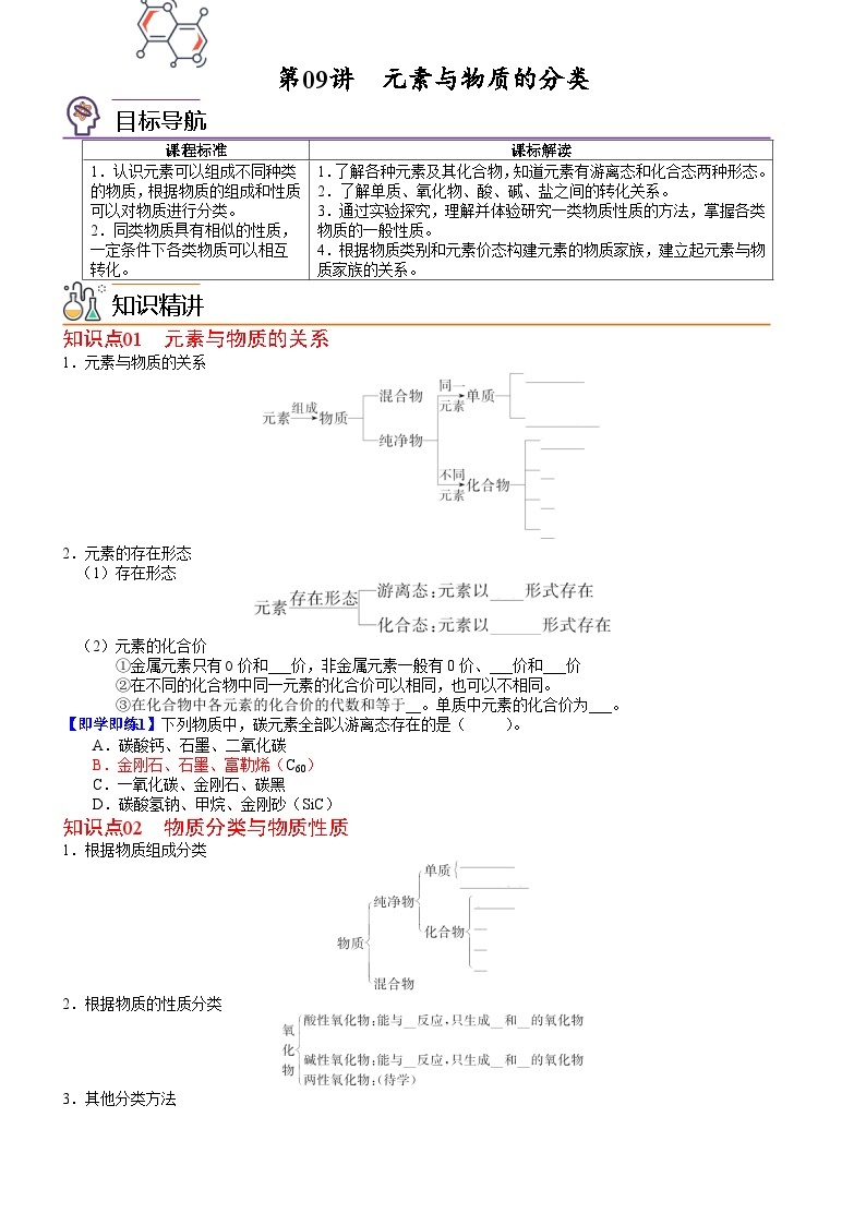 【同步讲义】高中化学（鲁科版2019）必修第一册--第09讲 元素与物质的分类 讲义01
