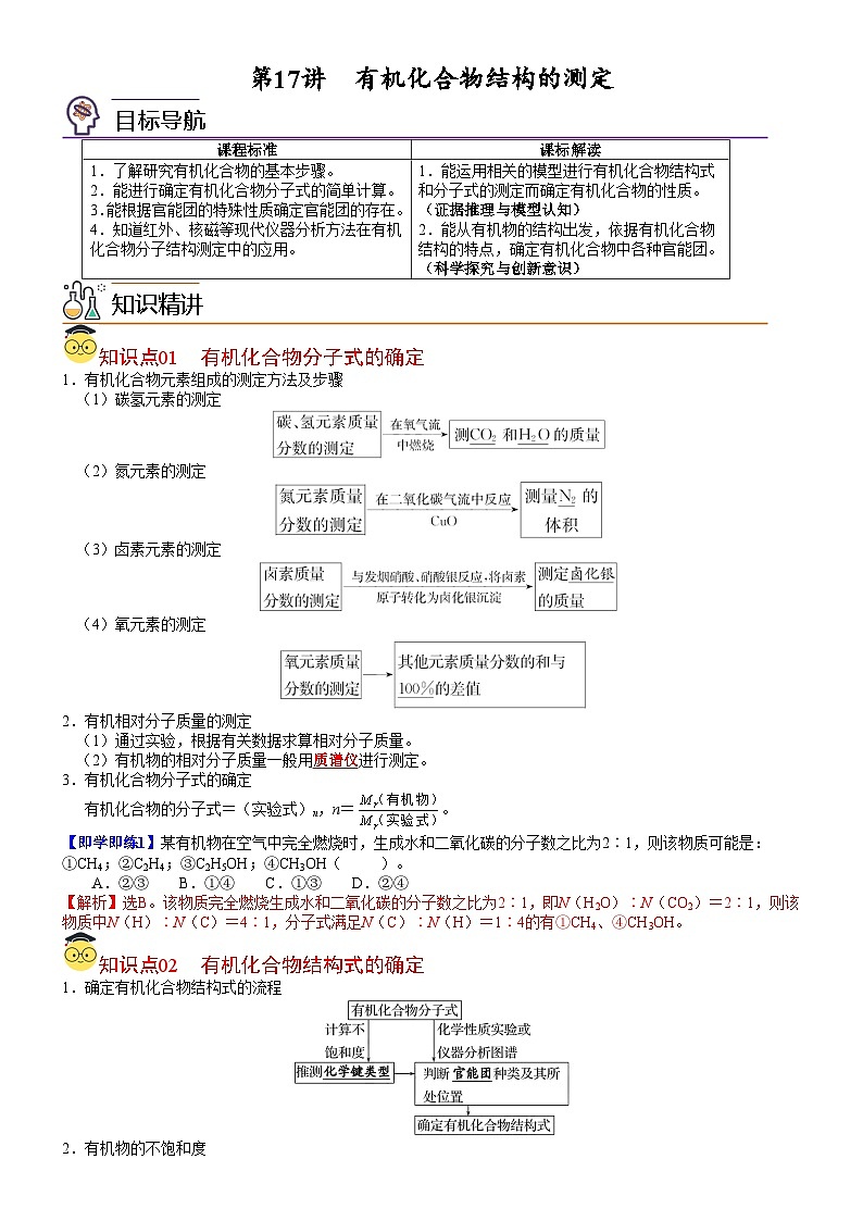【同步讲义】高中化学（鲁科版2019）选修第三册--第17讲 有机化合物结构的测定 讲义01