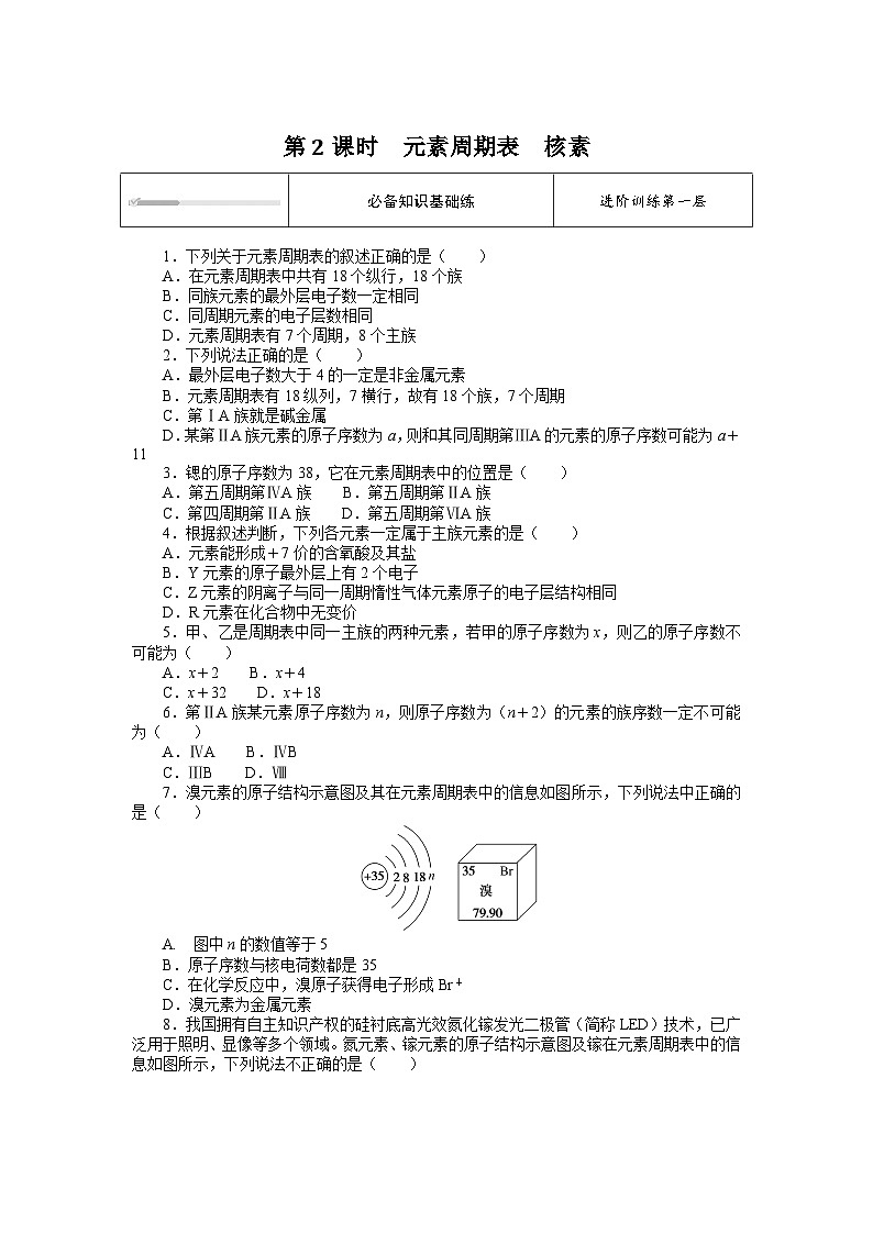人教版高中化学 必修第一册 4.1.2  第2课时　元素周期表　核素同步练习题01