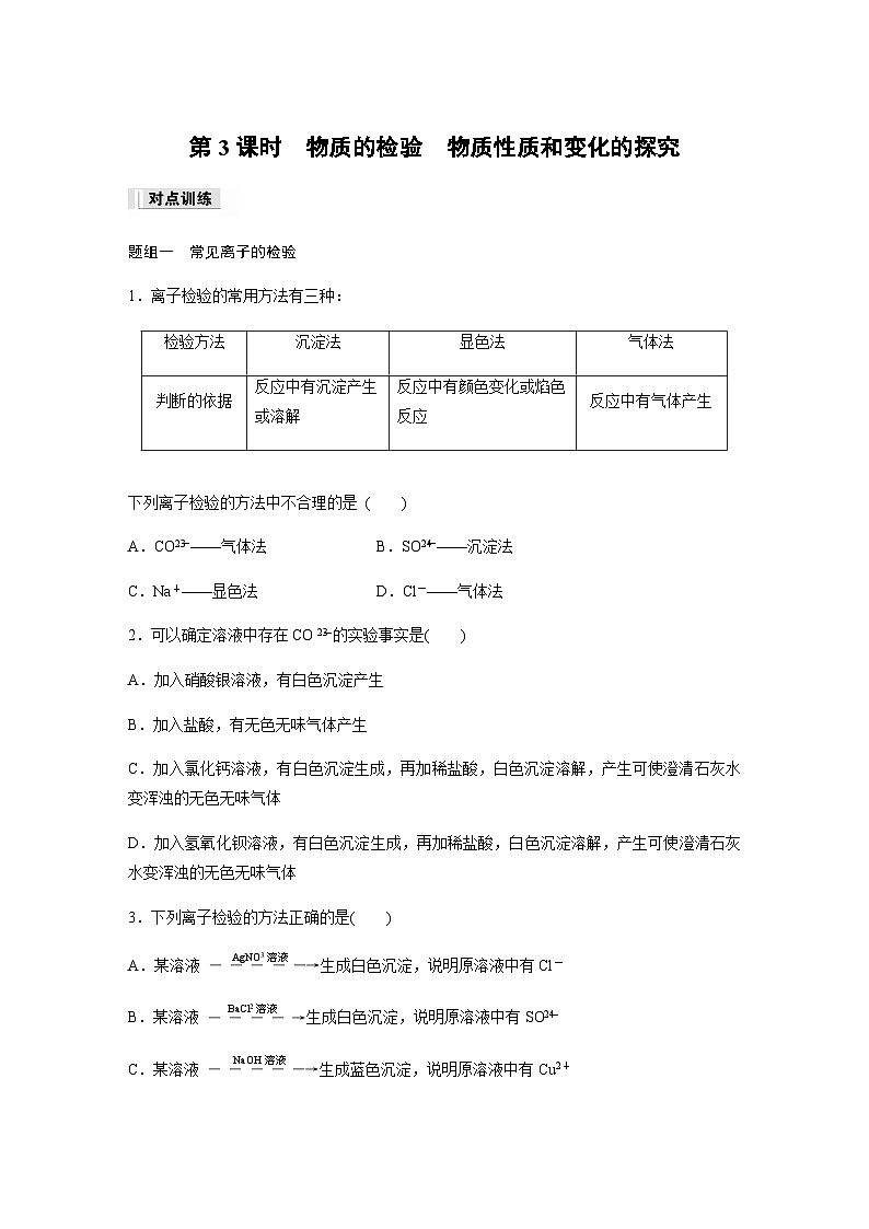 专题2 第一单元 第3课时　物质的检验　物质性质和变化的探究  课时练  （含答案）—2023-2024学年（苏教版2019）高中化学必修1第1页
