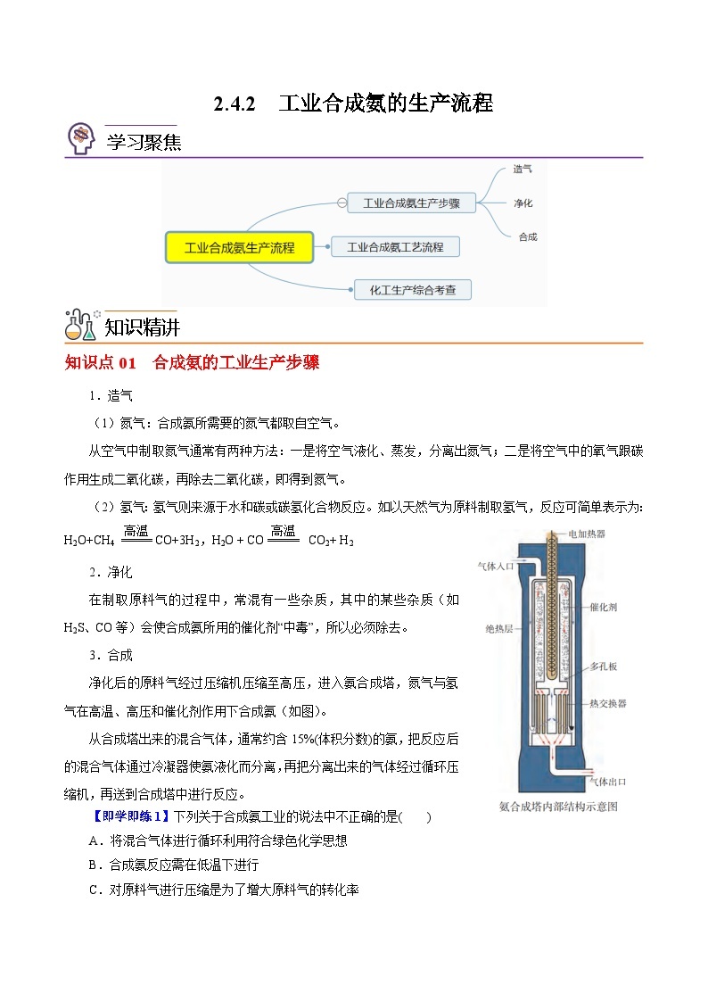 【同步讲义】高中化学（沪科版2020）选修第一册--2.4.2  工业合成氨的生产流程 讲义01