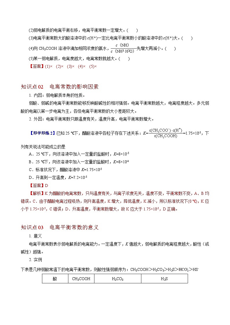 【同步讲义】高中化学（沪科版2020）选修第一册--3.2.2  电离平衡常数（教师版） 讲义02
