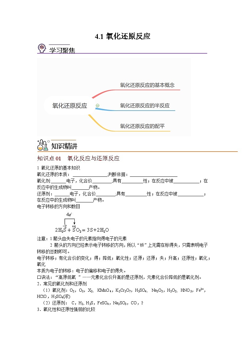 【同步讲义】高中化学（沪科版2020）选修第一册--4.1 氧化还原反应 讲义01