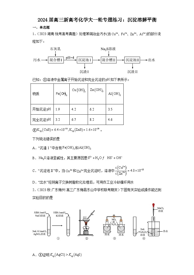 2024届高三新高考化学大一轮专题练习：沉淀溶解平衡(有答案)第1页