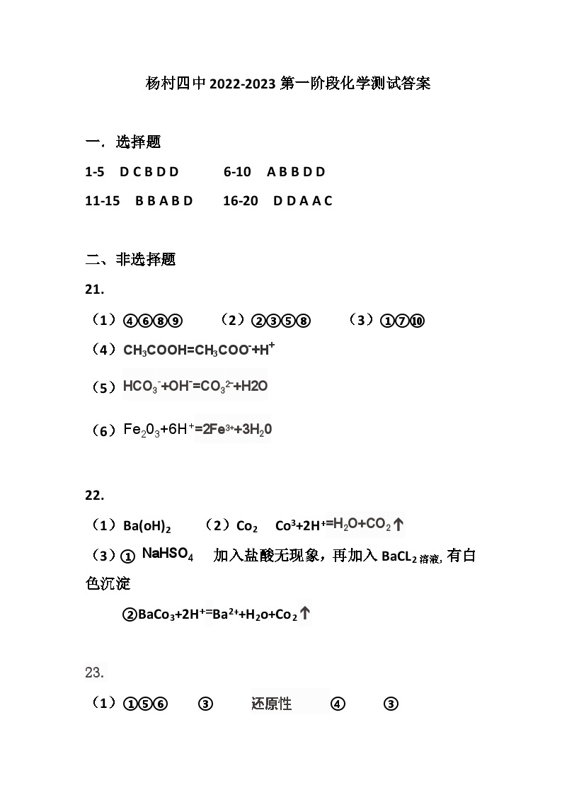 2023天津武清区杨村四中高一上学期10月月考化学试题PDF版含答案01