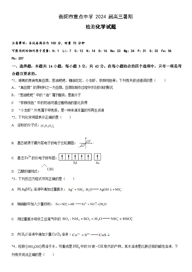 湖南省衡阳市重点中学2023-2024学年高三上学期开学暑假检测化学试题（Word版含答案）01