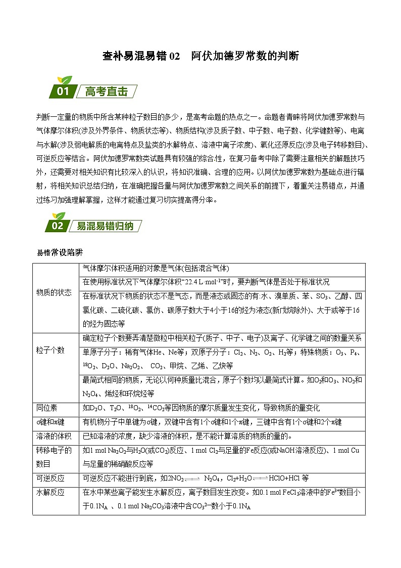 查补易混易错02 阿伏加德罗常数的判断-【查漏补缺】2023年高考化学三轮冲刺过关（全国通用）（原卷版）01