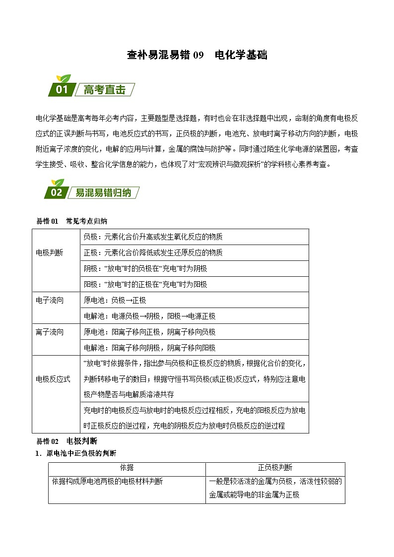 查补易混易错09 电化学基础-【查漏补缺】2023年高考化学三轮冲刺过关（全国通用）（原卷版）01